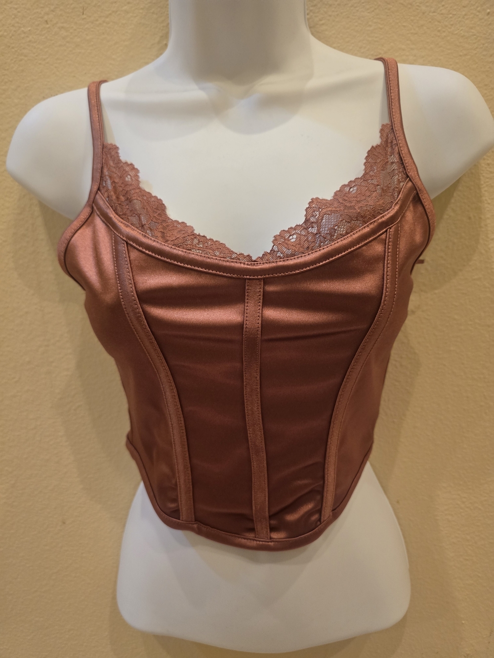 Brand New!Rust Color  Lace-Trim Satin Corset Crop Top in Rose Brown